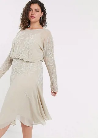 Платье миди с длинными рукавами и декоративной отделкой ASOS DESIGN Curve-Мульти