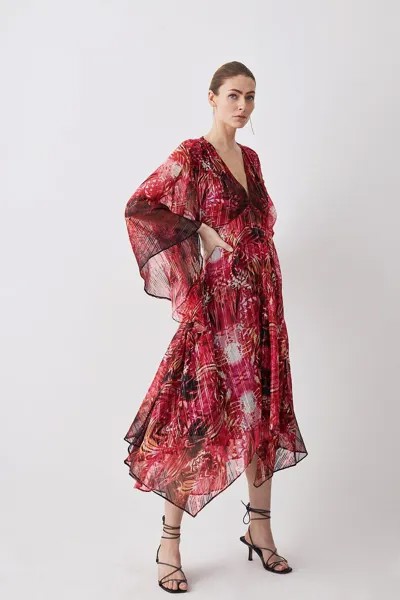 Тканое платье-кимоно-миди с зеркальной кожаной отделкой и цветочной отделкой Karen Millen, красный