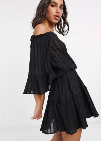 Черный ярусный сарафан мини с открытыми плечами ASOS DESIGN-Черный цвет