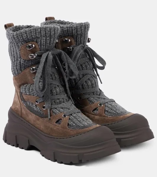 Ботинки из трикотажной замши на шнуровке Brunello Cucinelli, цвет torba