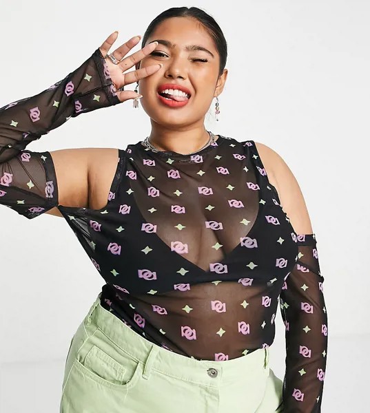 Топ из сетки с 3D-принтом монограммы и вырезами на плечах ASOS DESIGN Curve-Разноцветный
