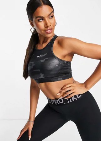 Серый блестящий бюстгальтер средней степени поддержки с камуфляжным принтом Nike Training One Dri-Fit