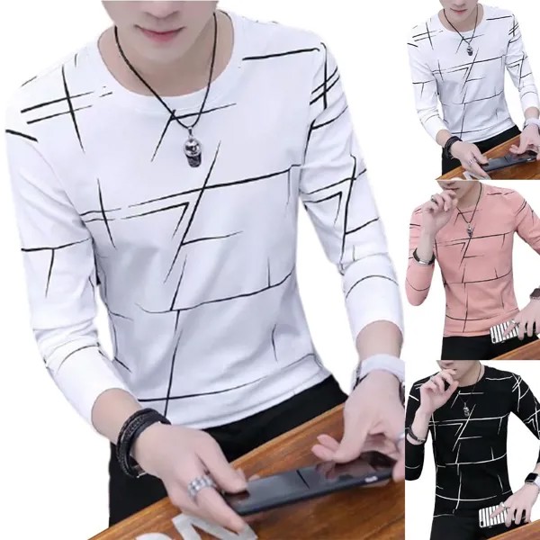 Мужские длинные рукава Осенние топы Печатные slim Fit Crew Шея Пуловер Футболка