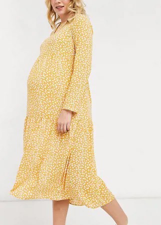 Ярусное платье миди горчичного цвета с присборенной юбкой, длинными рукавами и цветочным принтом ASOS DESIGN Maternity-Многоцветный