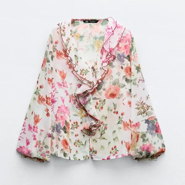 Блузка Zara Ruffled With Floral Print, мультиколор