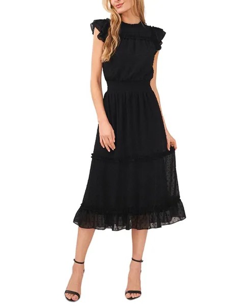 Женское платье миди в швейцарский горошек с оборками и развевающимися рукавами CeCe, черный