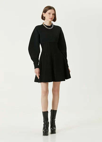 Черное шерстяное мини-платье с объемными рукавами Alexander McQueen