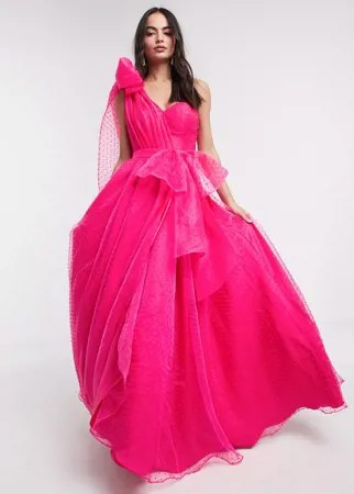 Платье макси для выпускного цвета фуксии на одно плечо со съемным бантом Bariano-Розовый