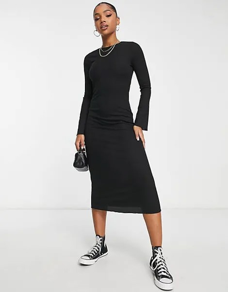 Черное платье миди в рубчик с расклешенными рукавами New Look