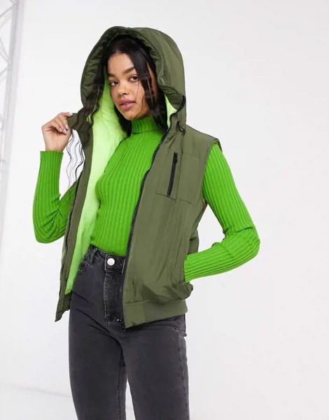Контрастный жилет с капюшоном (хаки/неоновый желтый) ASOS DESIGN-Зеленый