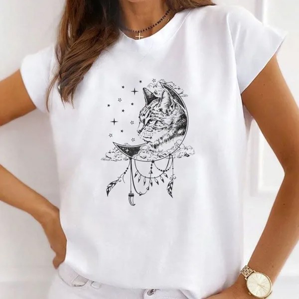 Женский принт Tee Топ 90s Sweet Lovely Cat Pet Casual Trend Стиль Модная футболка Женщина Женская одежда С коротким рукавом Графическая футболка