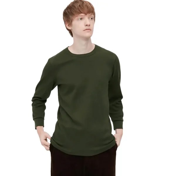 Лонгслив Uniqlo Heattech Extra Warm Cotton Waffle, оливковый