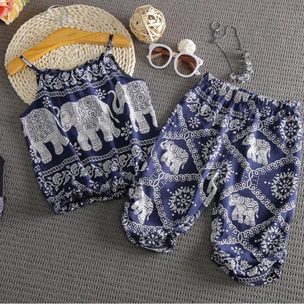 Мода Малыши Дети Девочки Слон Жилет + Брюки Летняя одежда 2PCS Комплект Костюм Наряды