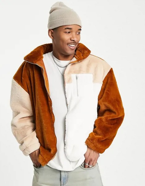 Куртка из искусственного меха со вставками кремового и коричневого цветов Liquor N Poker-Коричневый цвет
