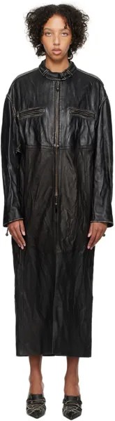 Черное кожаное пальто в стиле пэчворк Acne Studios