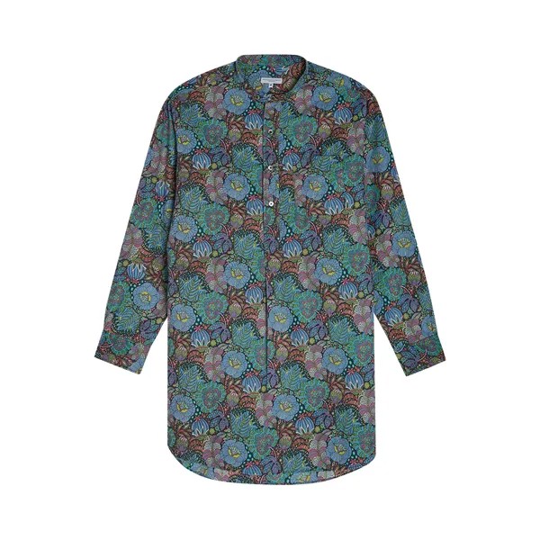 Engineered Garments Длинная тканевая рубашка с цветочным принтом и полосатым воротником, темно-синяя