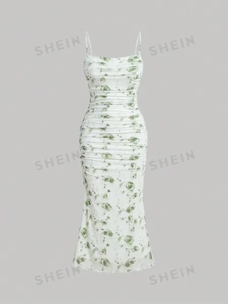 SHEIN MOD Плиссированное платье-комбинация с цветочным принтом и рюшами по подолу, зеленый