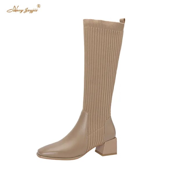 Женские ботинки-носки Nancyjayjii абрикосового цвета из натуральной кожи с квадратным носком на среднем массивном каблуке, ботинки до середины и...