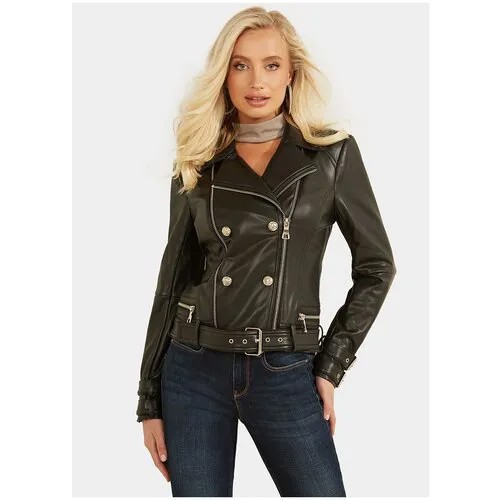 Кожаная куртка  GUESS демисезонная, средней длины, без капюшона, размер XS, черный