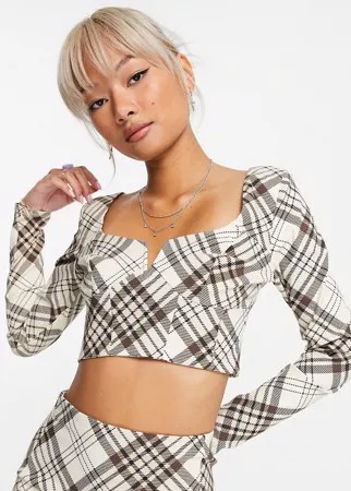 Бежевый лонгслив из бенгалина в клетку от комплекта Topshop-Светло-бежевый цвет