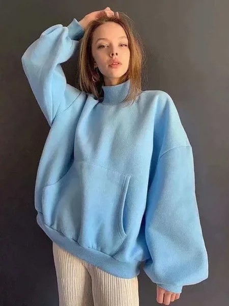 Milanoo Women Hoodie Light Sky Blue Long Sleeves Polyester Hooded Sweatshirt Casual Sport Hoodie