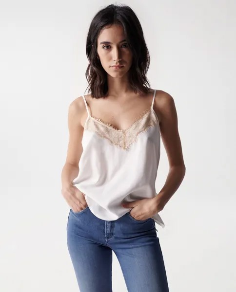 Женский кружевной топ с тонкими бретелями Salsa Jeans, крем