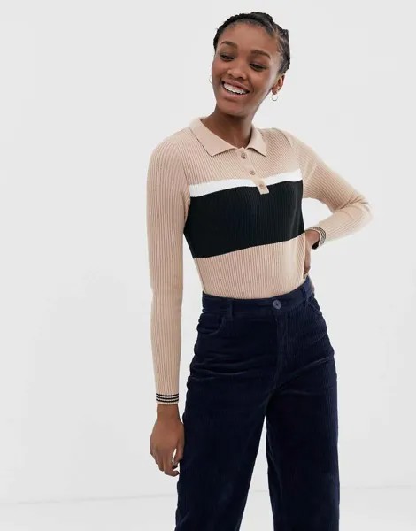 Трикотажный топ-поло с длинными рукавами ASOS DESIGN-Светло-бежевый