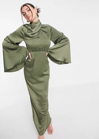 Атласное платье-футляр макси цвета хаки с запахом на вороте и расклешенными рукавами ASOS DESIGN-Многоцветный