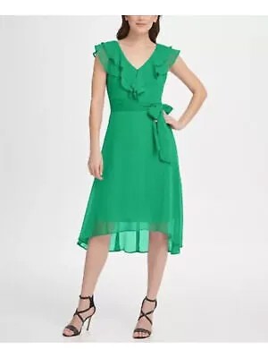 DKNY Womens Green Self Tie Belt Hi-lo Hem Flutter Sleeve Fit + Flare Dress 8