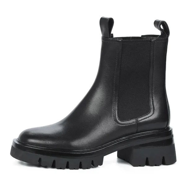 Черные ботинки челси из кожи на подкладке из натуральной шерсти на тракторной подошве с квадратным каблуком