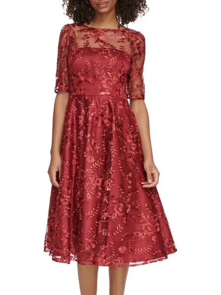 Праздничное кружевное платье миди с вышивкой Eliza J, красный