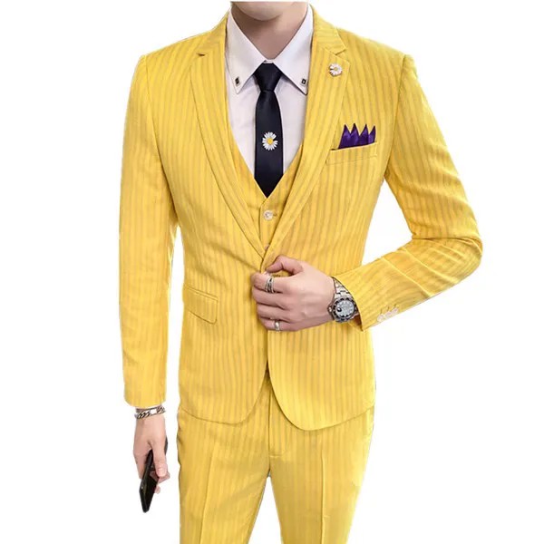 Осеннее Новое мужское платье, комплект из трех предметов (пиджак + брюки + жилет), желтый, розовый, абрикосовый, мужской костюм для делового оф...