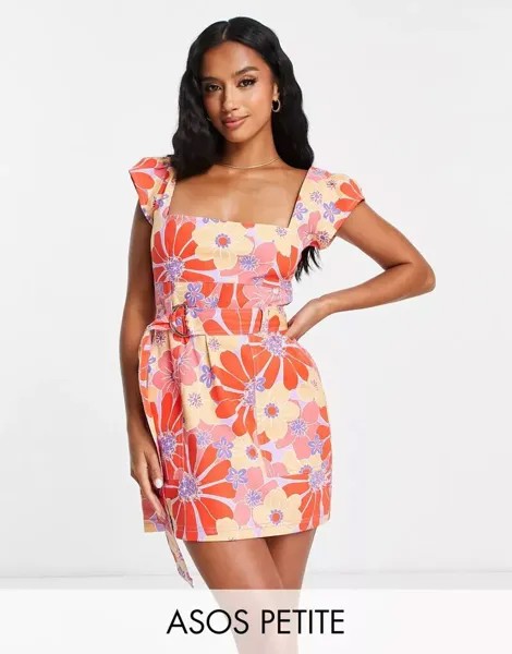 Платье мини из твила с поясом и квадратным вырезом ASOS DESIGN Petite в стиле ретро с цветочным принтом