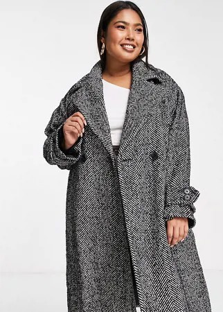 Черное двубортное oversized-пальто макси в «елочку» River Island Plus-Черный цвет