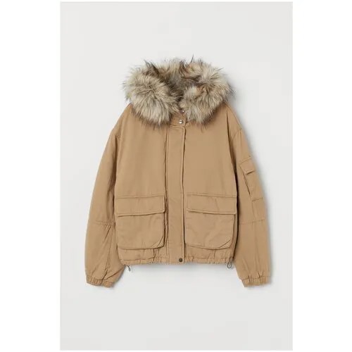 Парка  H&M, демисезон/зима, средней длины, силуэт прямой, капюшон, карманы, съемный мех, манжеты, размер XL, бежевый