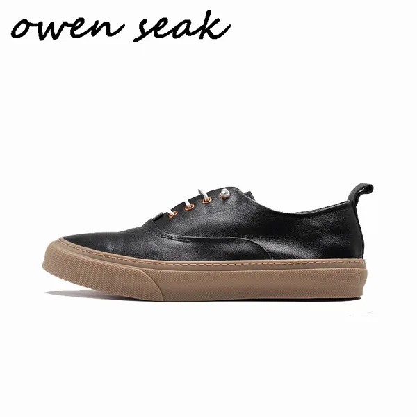 Мужские повседневные Лоферы Owen Seak, черные и белые роскошные кроссовки из натуральной кожи на плоской подошве со шнуровкой, для взрослых, на ...