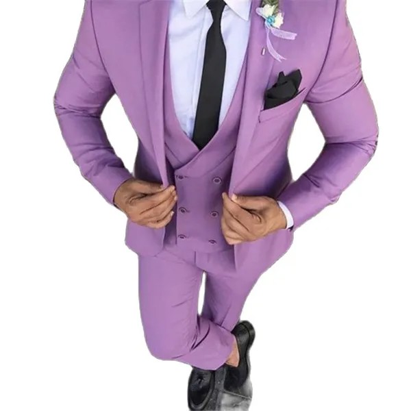 Новинка 2020, дизайнерский мужской костюм фиолетового и розового цвета, облегающий смокинг для жениха, Индивидуальные свадебные костюмы, блейзер для выпускного вечера, 3 шт. (пиджак + брюки + жилет)