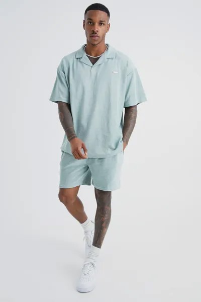Поло и короткий комплект oversize premium revere Boohoo, шалфей
