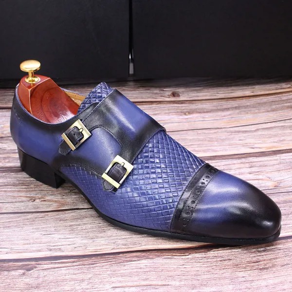 Классические мужские классические туфли Даниэль вафли из натуральной кожи с двойной пряжкой Monk крышка ремня носок голубая Свадебная обувь