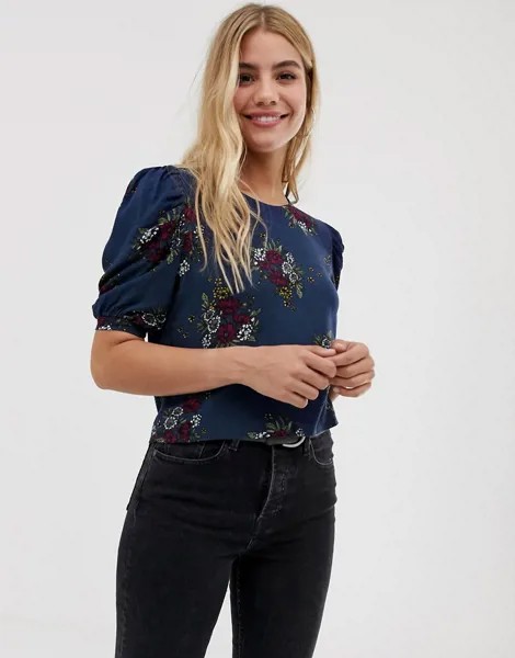 Блузка с короткими рукавами и цветочным принтом Parisian-Темно-синий