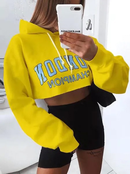Milanoo Hoodie For Women Yellow Long Sleeves Letters Print Polyester Hooded Sweatshirt