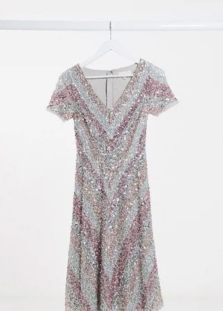 Приталенное платье миди с контрастными полосками и пайетками Maya Petite-Мульти