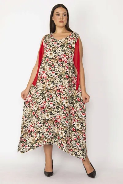 Женское платье большого размера с красными рукавами и цветочным узором 65n28962 Şans, разноцветный