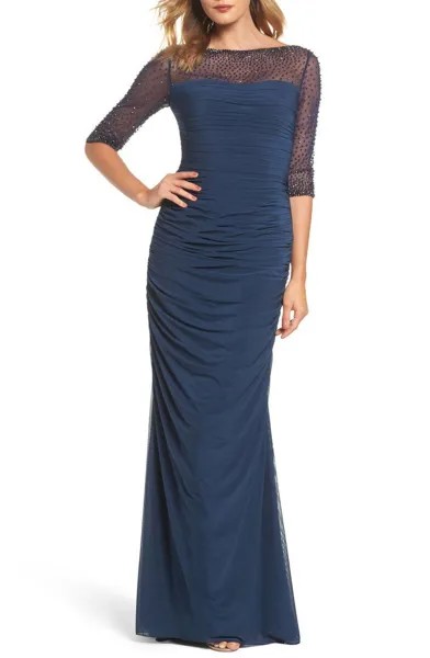 НОВИНКА LA FEMME Темно-синее сетчатое платье из эластичного джерси с рукавами 3/4 и рюшами и украшением 10