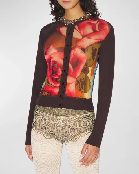 Кардиган с круглым вырезом и длинными рукавами с принтом Roses Jean Paul Gaultier, цвет Browngreenredblue