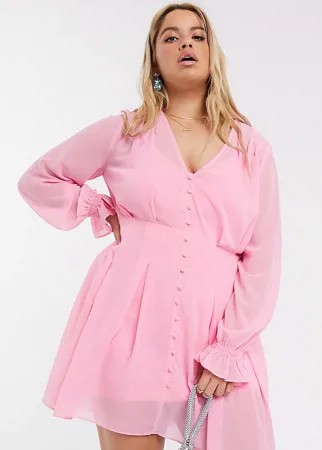 Розовое эксклюзивное чайное платье мини с пуговицами In The Style Plus-Розовый