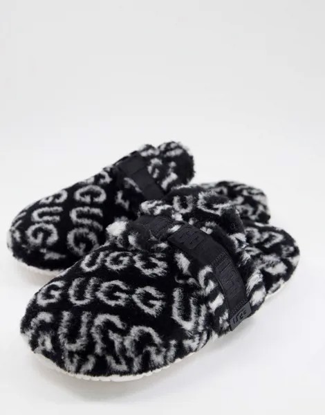 Черные пушистые слиперы из овчины со сплошным принтом логотипа Ugg-Черный цвет