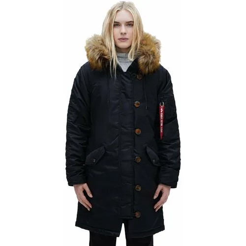 Парка  ALPHA INDUSTRIES зимняя, удлиненная, силуэт прилегающий, водонепроницаемая, карманы, несъемный капюшон, ветрозащитная, капюшон, пояс/ремень, отделка мехом, утепленная, съемный мех, регулировка ширины, внутренний карман, манжеты, размер L, черный