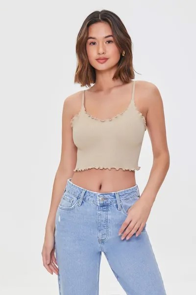 Укороченная майка с салатовыми краями Forever 21, капучино