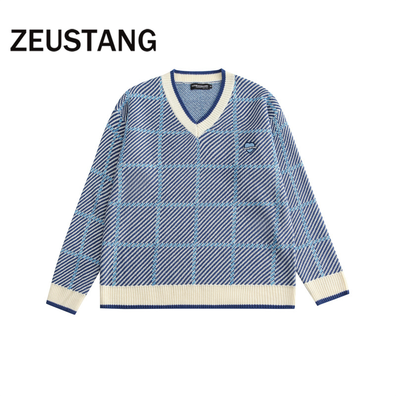 Zeustang Harajuku модная уличная одежда в шотландскую клетку, стиль хип-хоп, повседневный трикотажный пуловер, верхняя одежда, топы